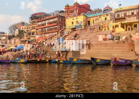 View of Kedar Ghat on the Ganges river in the morning. Varanasi. India Stock Photo