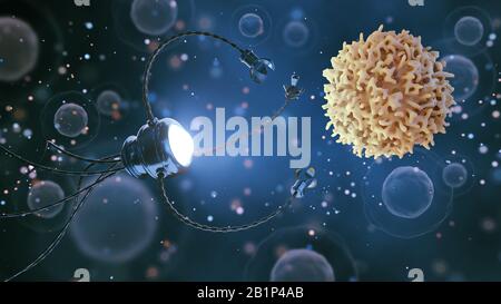 Medical concept in the field of nanotechnology. A nanobot studies or kills a cancer cell. 3 d illustration. Stock Photo