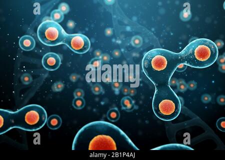 Cell division on a dark blue background. 3d render. Stock Photo