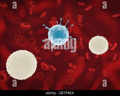 Healthy human red and white bloodcells in close up. White blood cells are fighting the bacteria. 3d graphics render. Stock Photo