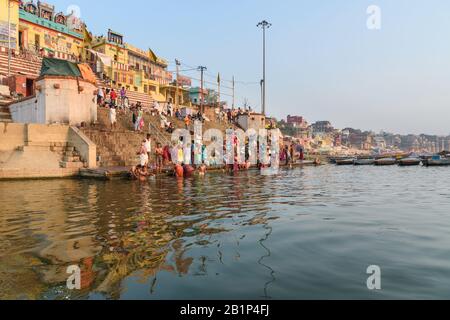 View of Kedar Ghat on the Ganges river in the morning. Varanasi. India Stock Photo