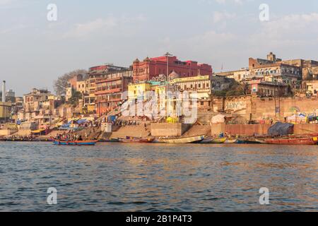 View of Kedar Ghat on the Ganges river in the morning. Varanasi. India Stock Photo