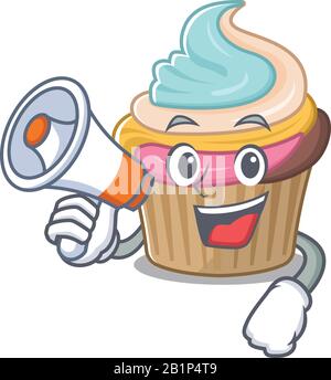 A mascot of rainbow cupcake speaking on a megaphone Stock Vector
