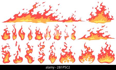 Cartoon fire flames. Fireball flame, red hot fire and campfire fiery silhouettes vector set. Burning effect, dangerous natural phenomenon. Blazing Stock Vector