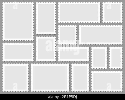 Postcard stamp frames. Blank postage stamps, empty postmark and square mark frame border vector set. Clean postal office stickers collection. Various Stock Vector
