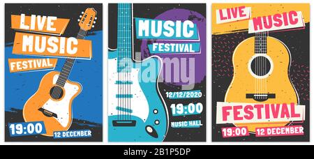 Music festival posters. Live acoustic guitar music concert poster, rock fest flyer and creative brochure template vector set. Rock n roll concert Stock Vector