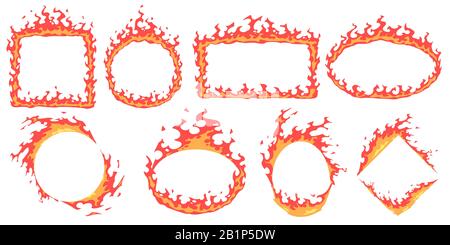 Cartoon fire frames. Hot banner, red flame frame and fire flames badge template vector set. Empty fiery borders with copyspace. Blazing different Stock Vector
