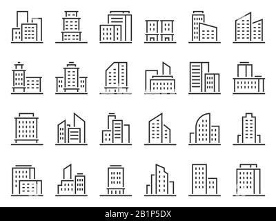 Line building icons. Hotel companies business icon, city buildings and town symbol vector set. Urban architecture, residential buildings and Stock Vector