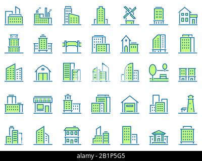 Color line building icons. Green town icon, city buildings and real estate symbols vector set. Urban architecture. Residential and municipal buildings Stock Vector