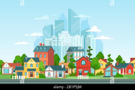 Suburban landscape. Urban architecture, small and big city buildings. Suburbans houses cartoon vector illustration. Countryside, suburbs with private Stock Vector