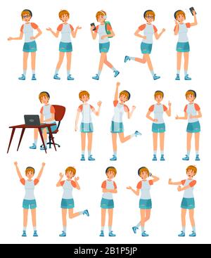 Cartoon female teenager character. Young teenage girl in different poses and actions vector illustration set. Cheerful modern schoolgirl in casual Stock Vector