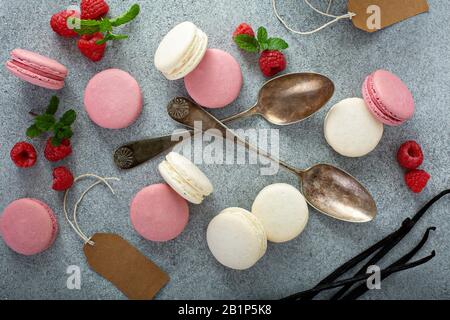 Vanilla and raspberry macarons Stock Photo