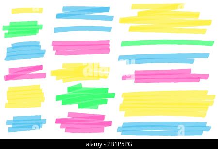 Color highlight marker lines. Colorful markers scribble, highlights line strokes and highlight banner vector set. Messy multicolor scrawls isolated on Stock Vector