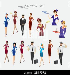 Set Of Aircraft Crew ,stewards and pilots in working form Isolated On White,cartoon vector illustration Stock Vector