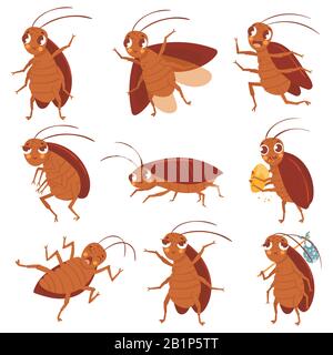 Cartoon cockroach mascot. Angry cockroaches, insect pests and bugs control characters vector illustration set. Funny brown beetles collection Stock Vector