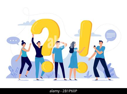 People ask frequently asked questions. FAQ, person asking question, mens and womens questions and answers vector illustration. Internet experience Stock Vector
