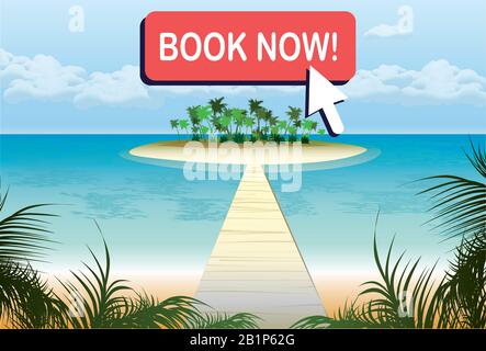 Cartoon travel banner template,tropical beach and summer trip,button- book now, vector illustration Stock Vector