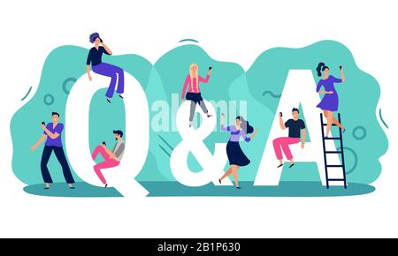 Questions and answers. Q A with people, persons with smartphones ask question and find answer vector illustration. Young men and women searching for Stock Vector