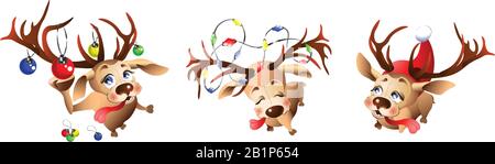 Funny reindeer preparing for the new year and Christmas. Illustration isolated on white background. Stock Vector