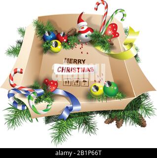 Large box of decorations. Merry Christmas. Illustration isolated on white background. Stock Vector
