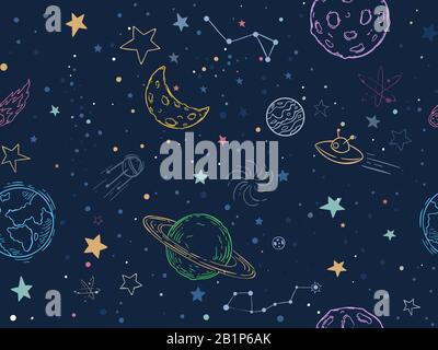 Color seamless space pattern. Hand drawn planets, cosmic galaxy texture and doodle moon vector illustration. Universe exploration, cosmos symbols Stock Vector