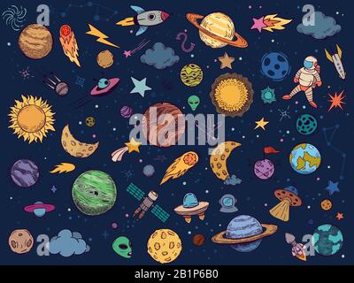 Color space doodle. Astrology planets, colorful space and hand drawn rocket vector illustration set. Cartoon style cosmic stickers pack. Celestial Stock Vector