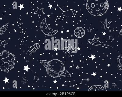 Seamless night sky stars pattern. Sketch moon, space planets and hand drawn star vector illustration. Outer space symbols decorative texture. Cosmic Stock Vector