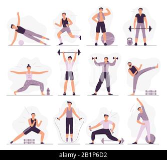 Man sport activities. Strong guy in sport outfit, athletic men trainings and healthy male workout vector illustration set. Different physical training Stock Vector