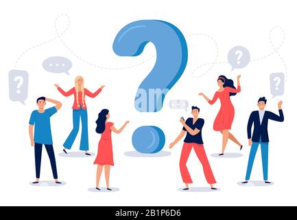 People ask question. Confused person asking questions, crowd finding answers and question sign vector illustration. Collective brainstorm, mutual Stock Vector