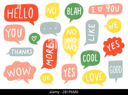 Textured speech bubble signs. Thanks sign, yes and no doodle. Hand drawn frames with ok, good and i love you text vector set. Multicolor text clouds Stock Vector