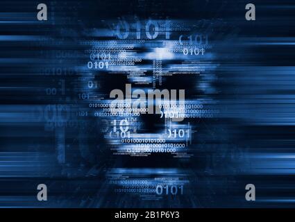 Skull,Hacker,Computer virus concept. Illustration of Abstract Skull sign on blue background with blurry binary codes. Concept for online piracy. Stock Photo