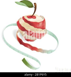 The illustration shows an apple, which was cut in a spiral. The spiral passes into the measuring tape. This is a symbol of weight loss, diet, healthy Stock Vector