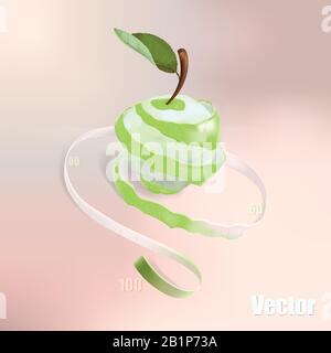 The illustration shows a green apple, which was cut in a spiral. The spiral passes into the measuring tape. This is a symbol of weight loss, diet, hea Stock Vector