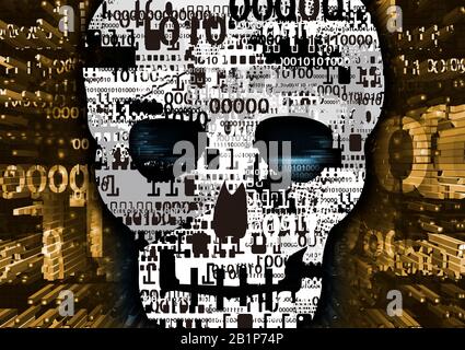 Hacker, Skull made of destroed binary code. Expressive Illustration of Abstract Skull. Concept for online piracy, hacking. Stock Photo