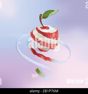 The illustration shows a red apple, which was cut in a spiral. The spiral passes into the measuring tape. This is a symbol of weight loss, diet, healt Stock Vector