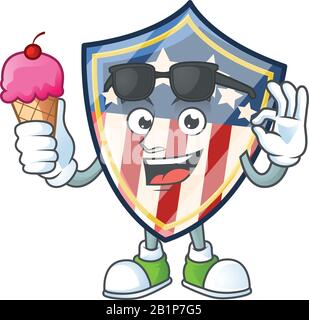 Vintage shield badges USA mascot cartoon style eating an ice cream Stock Vector