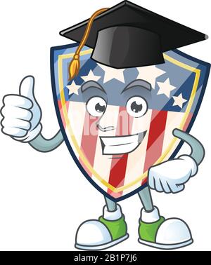 A happy character of vintage shield badges USA in a black Graduation hat Stock Vector