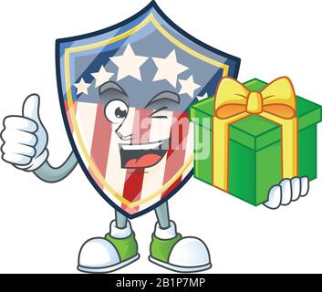 Cute vintage shield badges USA character holding a gift box Stock Vector