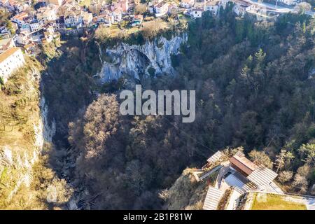an aerial view of Pazin zip line over abyss is an extraordinary natural attraction in autumn, Istria, Croatia Stock Photo