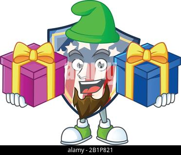 A charming vintage shield badges USA cartoon mascot style with two boxes of gifts Stock Vector
