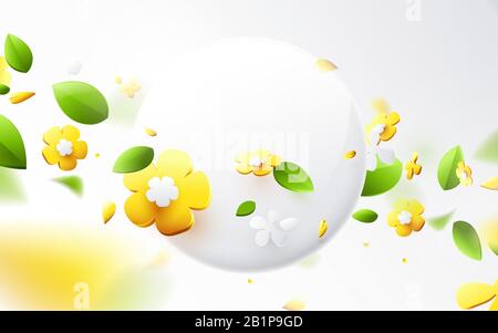 Abstract geometric 3D effect compositions with spring season background. Colorful flower in springtime with Round banner Stock Vector