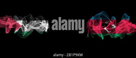 Flags of Palestine and Azerbaijan on Black background, Palestine vs Azerbaijan Smoke Flags Stock Photo