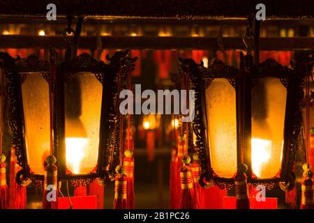 Hong Kong - January 4 2020 :  Close up of Chinese Lanterns, Interior of Man Mo Temple located in Sheung Wan Stock Photo