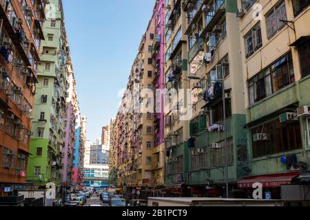 Hong Kong - September 2019 : Colorful Tenement Houses, Old Residential Buildings in Tai Kok Tsui, Hong Kong, Eye Level View Stock Photo