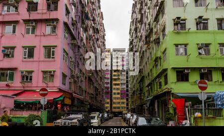 Hong Kong - December 2019 : Old Colorful Tenement Houses, Old Residential Buildings in Tai Kok Tsui, Hong Kong Stock Photo