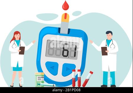 Doctors male and female with glucometer for diabetes medical diagnosis measuring sugar level. Diabetic blood glucose meter with pills and test tubes. Laboratory equipment and syringe eps illustration Stock Vector