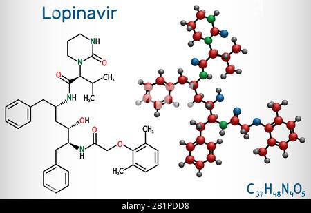 Lopinavir, C37H48N4O5, molecule. It is an antiretroviral protease inhibitor, used in with ritonavir in the therapy of human immunodeficiency virus HIV Stock Vector