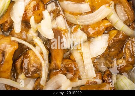 Salted mushrooms with onions. Homemade preparations, rustic treats. Close up Stock Photo
