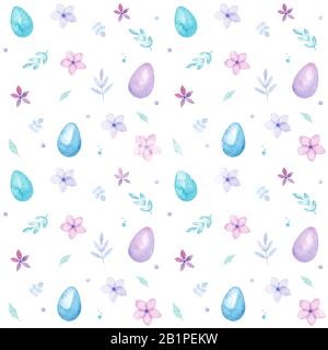 Happy Easter holiday watercolor seamless pattern with colorful eggs, flowers and leaves, greetings card, isolated on white Stock Photo