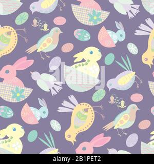 Easter bunny seamless vector pattern background. Decorated folk art rabbits, egg and chicks illustration. Scandinavian style baby animals and spring Stock Vector